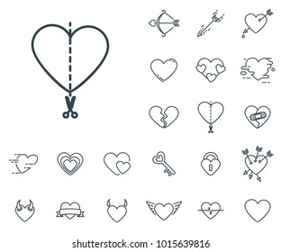 Cut the heart icon in set on the white background. Set of thin, linear and modern hearts icons. Universal linear icons to use in web and mobile app.