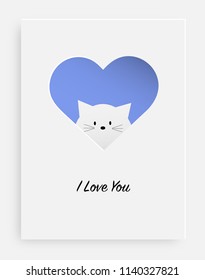 Cut the heart on the paper and white cat. Card for  happy birthday, valentine's day, anniversary, party invitations and other. Vector illustration