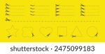 Cut here. Black scissors cutting. Set of cut dash lines and shapes isolated on yellow background. Simple Vector illustration. Shear cutting paper coupon or the cloth label along the line.
