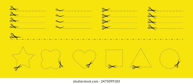 Hier schneiden. Schwarze Schere schneidet. Satz von geschnittenen Strichlinien und Formen auf gelbem Hintergrund. Einfache Vektorillustration. Schneiden Sie den Coupon des Papiers oder das Stoffetikett entlang der Linie.