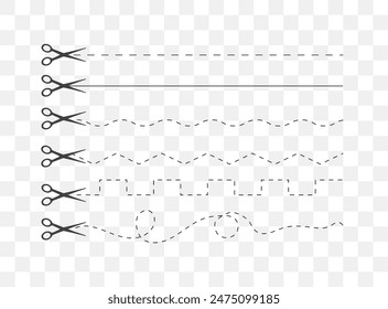 Cut here. Black scissors cutting. Set of cut dash lines isolated on white background. Simple Vector illustration. Shear cutting paper coupon or the cloth label along the line.