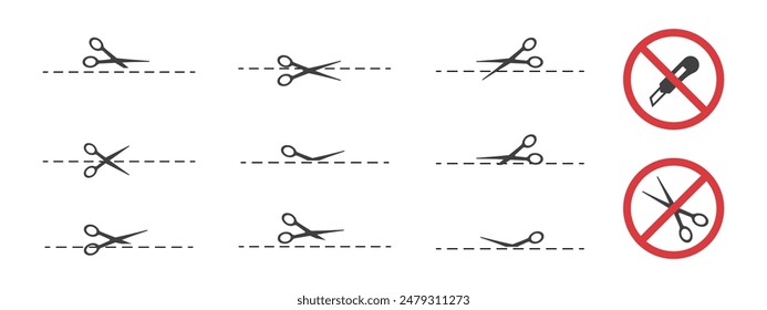 Cut here. Black scissors cutting. Set of cut dash lines isolated on white background. Simple Vector illustration. Shear paper coupon along line. Do not open with a knife or scissors icons.