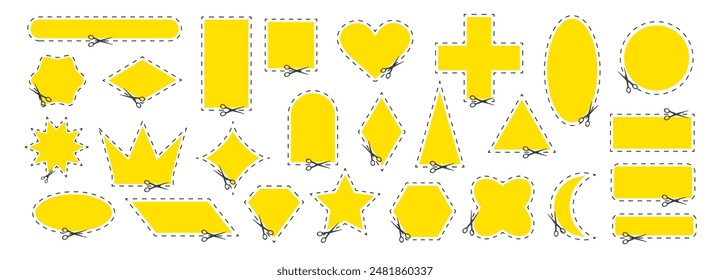 Cut here. Black scissors cutting. Set of cut dash shapes isolated on white background. Simple Vector illustration. Shear cutting paper coupon or discount along the line. Different geometric figures.