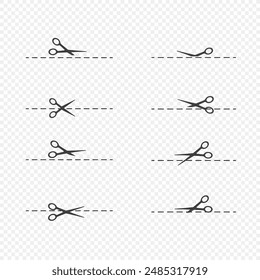 Cut here. Black scissors cutting. Set of cut dash lines isolated on white background. Simple Vector illustration. Shear cutting paper coupon or the cloth label along the line.