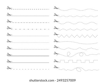 Corta aquí. Tijeras negras cortando. Conjunto de líneas de guiones cortadas aisladas sobre fondo blanco. Simple Ilustración vectorial. Corte el Cupón de papel o la etiqueta de tela a lo largo de la línea.