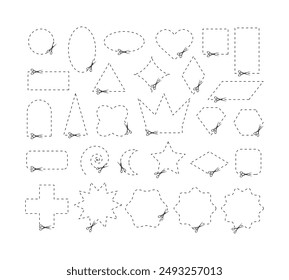 Cut here. Black scissors cutting. Set of cut dash shapes isolated on white background. Simple Vector illustration. Shear cutting paper coupon or discount along the line. Different geometric figures.