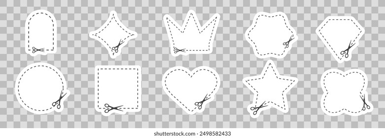 Cut here. Black scissors cutting. Set of cut dash shapes on transparent background. Simple Vector illustration. Shear cutting paper coupon or discount along the line. Different geometric figures.