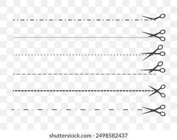 Cut here. Black scissors cutting. Set of cut dash lines isolated on white background. Simple Vector illustration. Shear cutting paper coupon or the cloth label along the line.