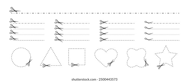 Cut here. Black scissors cutting. Set of cut dash lines and shapes isolated on white background. Simple Vector illustration. Shear cutting paper coupon or the cloth label along the line.