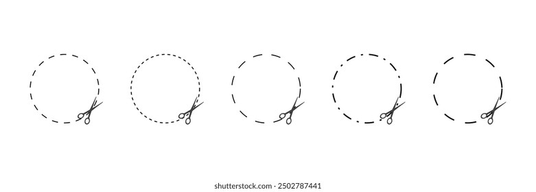 Cut here. Black scissors cutting. Set of cutting circles shapes on white background. Simple Vector illustration. Shear cutting paper coupon or discount along the line. Different cut lines.