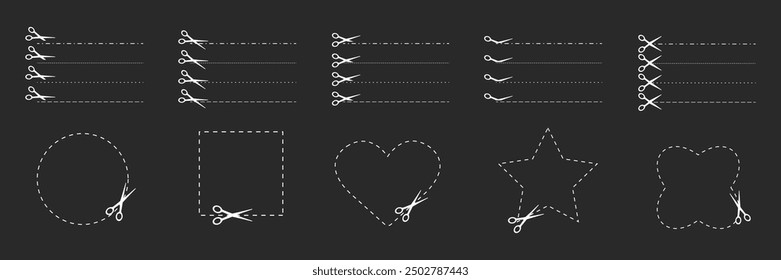 Cut here. Black scissors cutting. Set of cut dash lines and shapes isolated on black background. Simple Vector illustration. Shear cutting paper coupon or the cloth label along the line.