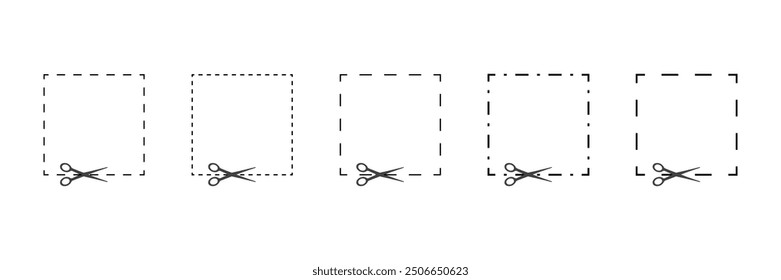 Cut here. Black scissors cutting. Set of cutting square shapes on white background. Simple Vector illustration. Shear cutting paper coupon or discount along the line. Different cut lines.