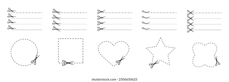 Cut here. Black scissors cutting. Set of cut dash lines and shapes isolated on white background. Simple Vector illustration. Shear cutting paper coupon or the cloth label along the line.