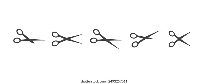 Cut here icon. Black scissors cutting. Set of different shears on white background. Simple Vector illustration. Shear cutting paper coupon or discount along the line.