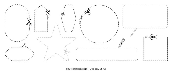Cut here icon. Set of scissors cutting shape, paper cut here icon with dotted line for ticket, coupon, promo code