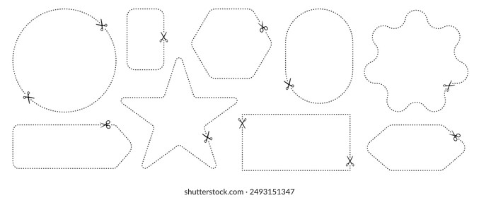 Cut here icon. Set of scissors cutting shape, paper cut here icon with dotted line for ticket, coupon, promo code