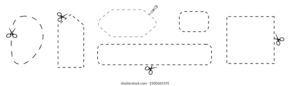 Symbol hier ausschneiden Satz von Scheren schneiden Form, Papier hier schneiden Symbol mit gepunkteter Linie für Ticket, Gutschein, Promo-Code