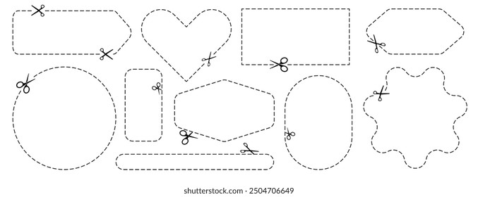 Cut here icon. Set of scissors cutting shape, paper cut here icon with dotted line for ticket, coupon, promo code
