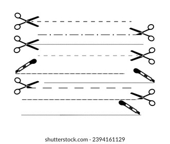 Cortar aquí símbolo de icono. Cortar líneas con tijeras. Iconos de tijeras. Tijeras para cortar el símbolo. Vector
