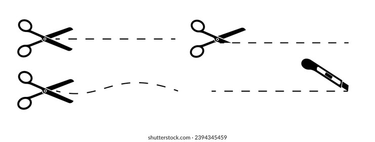 Cut here icon symbol. Cut lines with scissors. Scissors icons set. Scissors for cutting symbol. Vector