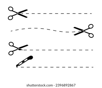 Cortar aquí símbolo de icono. Cortar líneas con tijeras. Iconos de tijeras. Tijeras para cortar el símbolo. Vector