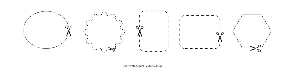 Cut here icon symbol. Cut lines with scissors. Scissors icons set. Scissors for cutting symbol. Vector