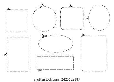 Cut here line dash, coupon discount outline frames with scissors, vector circles and squares icons. Cut here line symbols for coupon cutout, dotted frames and cutter dash shapes with curved edges