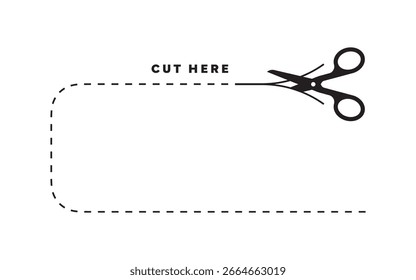 Corta aqui. As tesouras estão abertas, com suas lâminas de corte posicionadas diretamente na linha pontilhada