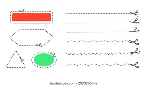  Cut Here Scissors.Scissors and dotted line. Flat vector illustration.