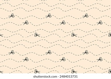 Cut here seamless pattern. Vector scissors with dotted lines, paper cut here seamless pattern for ticket, coupon, promo code