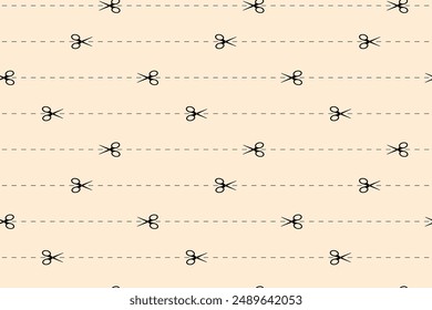 Cut here seamless pattern. Vector scissors with dotted lines, paper cut here seamless pattern for ticket, coupon, promo code
