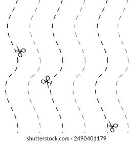 Cut here seamless pattern. Vector scissors with dotted lines, paper cut here seamless pattern for ticket, coupon, promo code