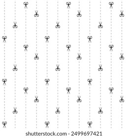 Cut here seamless pattern. Vector scissors with dotted lines, paper cut here seamless pattern for ticket, coupon, promo code