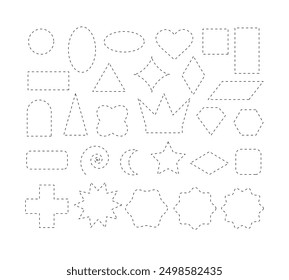 Cut here. Set of cutting shapes on white background. Simple Vector illustration. Shear cutting paper coupon or discount along the line. Different geometric figures.