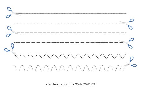 Sinal de corte aqui. conjunto de linhas de corte de tesoura pontilhadas, linha tracejada, curvas, em ziguezague. conjunto de linhas tracejadas cortadas em diferentes formas. ícone de corte de papel com linha pontilhada. tesoura pontilhada, conjunto de cortadores de linha tracejada. vetor