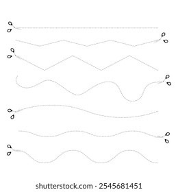 Cortar aquí signo. conjunto de líneas de corte de tijera punteadas. conjunto de líneas de guion cortadas en diferentes líneas, línea de guion, curva, en zigzag. tijeras punteadas, juego de cortador de línea de guion. tijeras de Vector