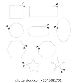 Sinal de corte aqui. conjunto de linha de corte de tesoura tracejada, linha tracejada, curva, ziguezague. conjunto de linhas tracejadas cortadas em diferentes formas. retângulo, quadrado, círculo, estrela