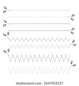 Schild hier ausschneiden. Scherenschnittlinien gestrichelt. Satz von verschiedenen Linien für die Schneidpraxis, gestrichelte Linie, gekrümmt, zickzack. Schere gepunktet, Strichlinie Schneider-Set. Vektorschere