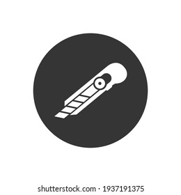 Cut here white icon, stationery knife, cutter for opening packaging, flat symbol on black background - editable stroke vector illustration