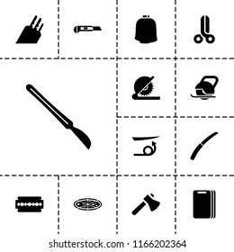 Cut icon. collection of 13 cut filled icons such as straight hair, cutter, gardening knife, scalpel, knife, razor, hairdresser peignoir. editable cut icons for web and mobile.