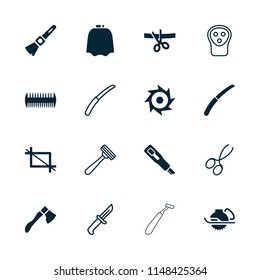 Cut icon. collection of 16 cut filled and outline icons such as hairdresser peignoir, electric saw, gardening knife, crop. editable cut icons for web and mobile.