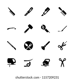 Cut icon. collection of 16 cut filled icons such as barber scissors, razor, shaving brush, cutter, electric saw, scalpel, scissors. editable cut icons for web and mobile.