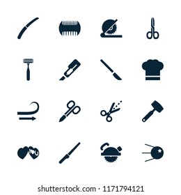 Cut icon. collection of 16 cut filled icons such as comb, manicure scissors, gardening knife, i love you, scissors, chef hat, knife. editable cut icons for web and mobile.