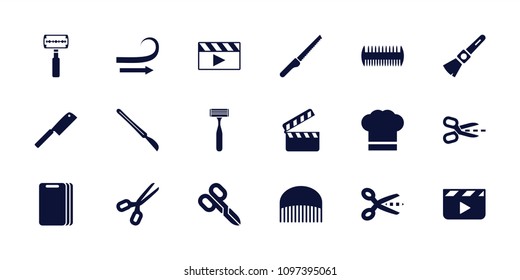 Cut icon. collection of 18 cut filled icons such as comb, scissors, clapper board, scalpel, chef hat, butcher knife, razor. editable cut icons for web and mobile.