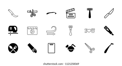 Cut icon. collection of 18 cut filled and outline icons such as razor, saw, cutting board, movie clapper, knife, cutter, saw blade. editable cut icons for web and mobile.