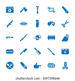 Cut icon. collection of 25 cut filled icons such as comb, electric razor, axe, saw, electric saw, clapper board, pizza, cutter. editable cut icons for web and mobile.