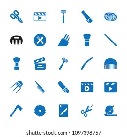 Cut icon. collection of 25 cut filled icons such as comb, shaving brush, razor, blade saw, saw, pizza, axe, gardening knife. editable cut icons for web and mobile.