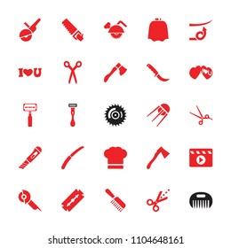Cut icon. collection of 25 cut filled icons such as barber scissors, razor, hairdresser peignoir, saw, electric saw, axe. editable cut icons for web and mobile.