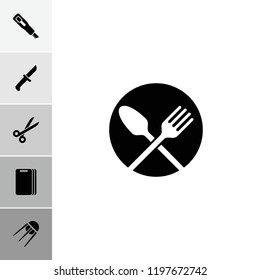 Cut icon. collection of 6 cut filled icons such as knife, cutting board, cutter, core, spoon and fork. editable cut icons for web and mobile.