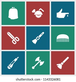 Cut icon. collection of 9 cut filled icons such as shaving brush, axe weapon, comb, hairdresser peignoir, saw blade, injured finger. editable cut icons for web and mobile.